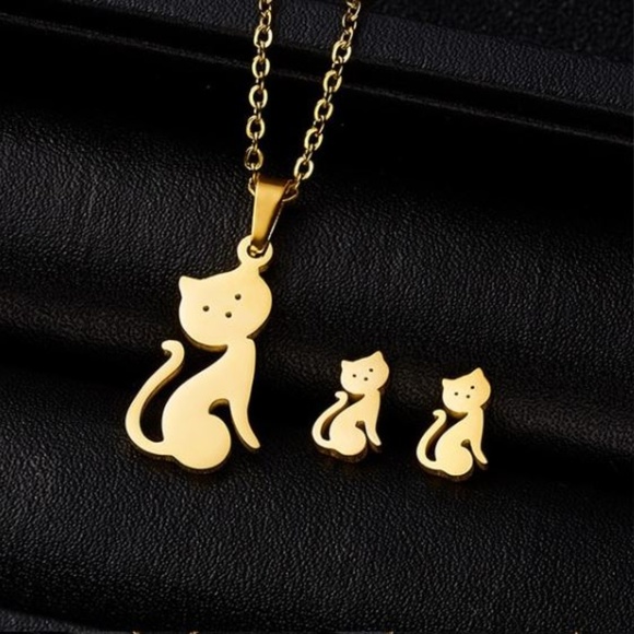 Stainless Steel Cat Necklace and Earrings Set - Picture 2 of 6